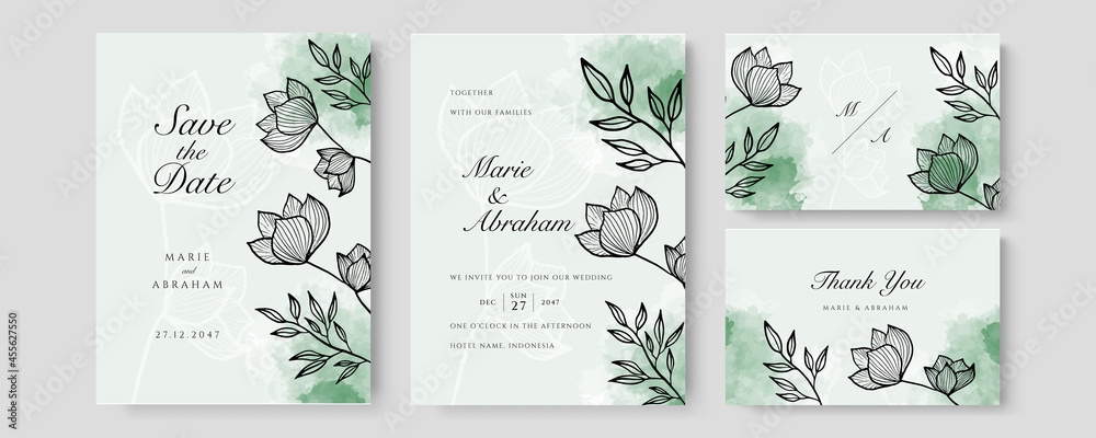 Fototapeta premium Watercolor wedding invitation. Elegant watercolor wedding invitation card with leaves