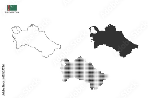 3 versions of Turkmenistan map city vector by thin black outline simplicity style, Black dot style and Dark shadow style. All in the white background.