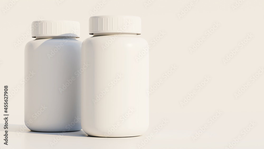 Blank pharmacy plastic bottles. 3D rendering illustration. Blank pharmacy plastic bottles. 3D rendering illustration.