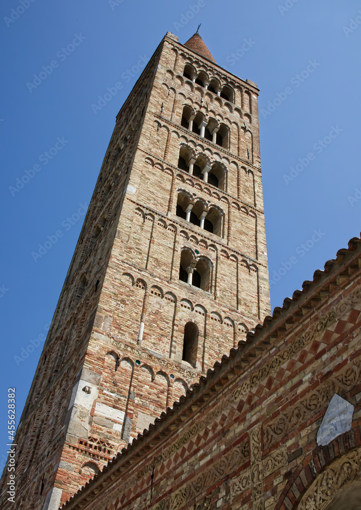 Romanesque bell tower of Pomposa Abbey (Abbazia di Pomposa) located in Codigoro, Ferrara. The Pomposa Abbey is one of the most important medieval Abbey in northern Italy.