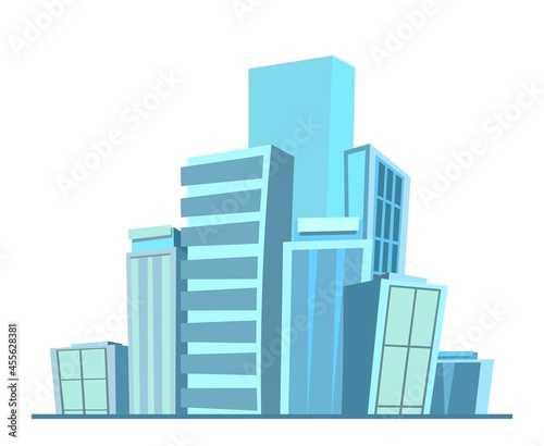 Big city from afar. On line. Skyscrapers and large buildings. Cartoon flat style illustration. Blue city landscape Cityscape. Isolated on white background. Vector.