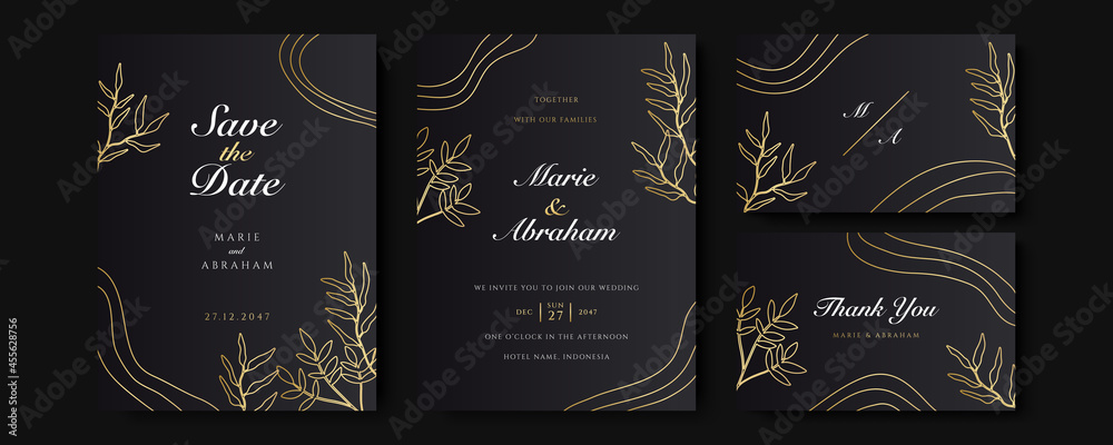 Design wedding invitation template set. Modern luxury premium floral texture elements and golden frames on a black background