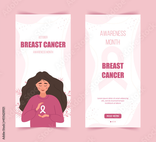 Breast cancer awareness month stories template. Happy woman with ribbon. Annual international health campaign. Social media background. Vector illustration in flat cartoon style.