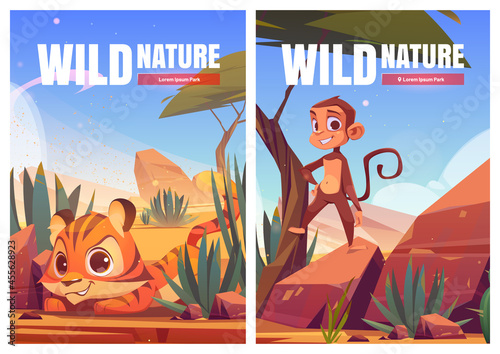 Wild nature cartoon posters. Funny monkey and tiger cub in African desert natural landscape. Ape and baby predator life in outdoor zoo park, safari in Africa, save animals concept, vector illustration