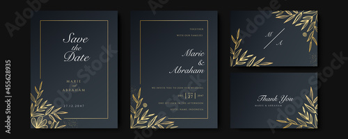 Set of card with gold flower rose, leaves. Wedding black and gold concept. Floral poster, invite. Vector decorative greeting card or invitation design background