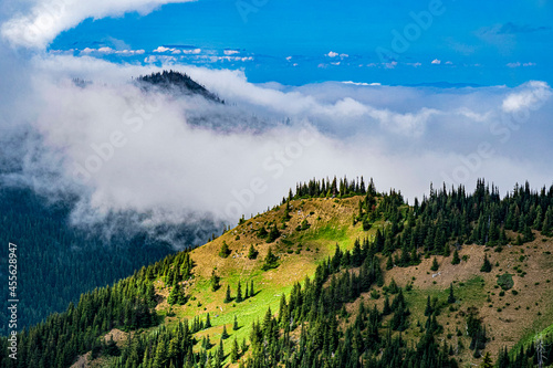 Looking at the surrounding mountains in the clouds from Hurricane Ridge in Olympic NP