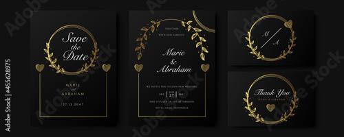 Set of card with gold flower rose, leaves. Wedding black and gold concept. Floral poster, invite. Vector decorative greeting card or invitation design background