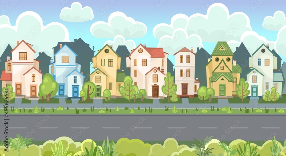 Street. Cartoon houses with a road. Asphalt. Village or town. A beautiful, cozy country house in a traditional European style. Trees. Nice funny home. Illustration. Vector