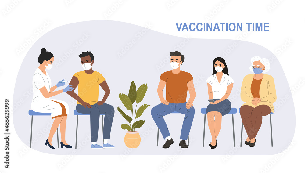 People of different ages are sitting in line. Woman in face mask getting vaccinated against Covid-19. Vector flat style cartoon illustration
