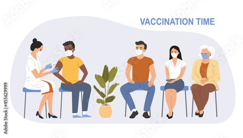 People of different ages are sitting in line. Woman in face mask getting vaccinated against Covid-19. Vector flat style cartoon illustration