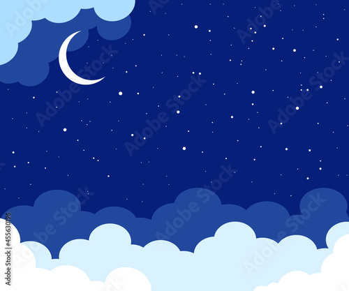 Night bright starry sky and moon. White shine stars on the clouds background, banner, backdrop. Cloudy weather. 