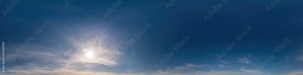 Blue sky panorama with Cirrus clouds. Seamless hdr 360 degree pano in spherical equirectangular format. Complete zenith for 3D visualization, game and sky replacement for aerial drone 360 panoramas. Blue sky panorama with Cirrus clouds. Seamless hdr 360 degree pano in spherical equirectangular format. Complete zenith for 3D visualization, game and sky replacement for aerial drone 360 panoramas.