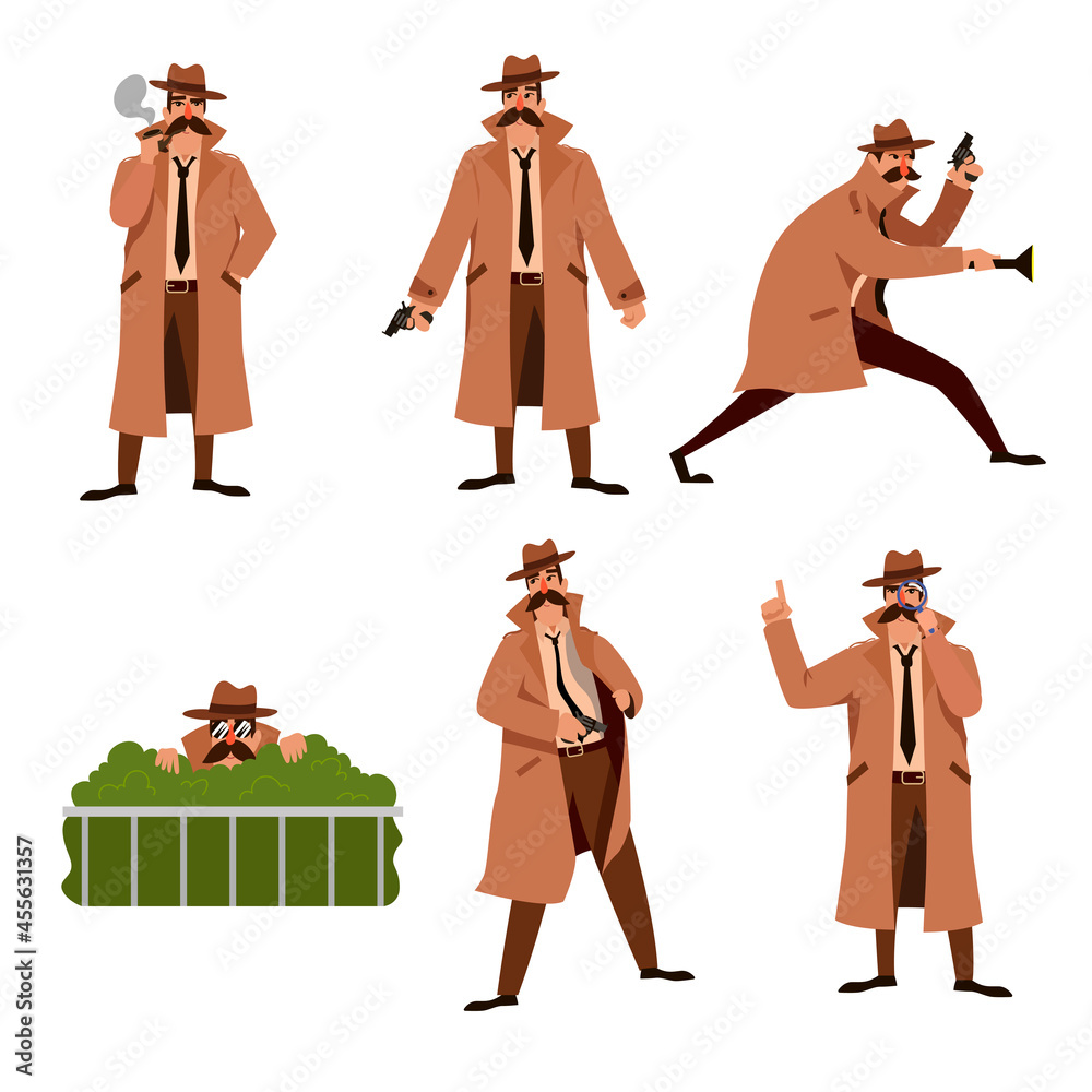 Set of private investigator cartoon vector illustration. Detective ...