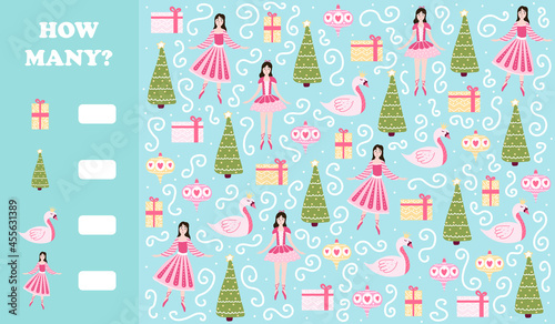 Christmas worksheet for kids, how many game with nutcracker character and ballerina, i spy riddle for preschoolers in cartoon style for winter holidays, printable quiz for children books