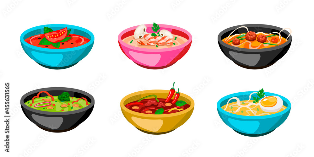 Set of colorful bowls of soup. Cartoon vector illustration. Hot gazpacho,  tomato, chicken soup with curry, turmeric, sour cream, mushrooms in dishes  on white background. Food, diet, cuisine concept Stock Vector |