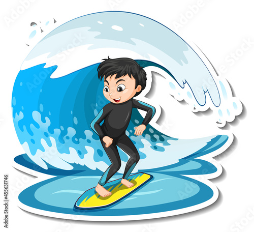 Sticker design with a girl on surfboard isolated
