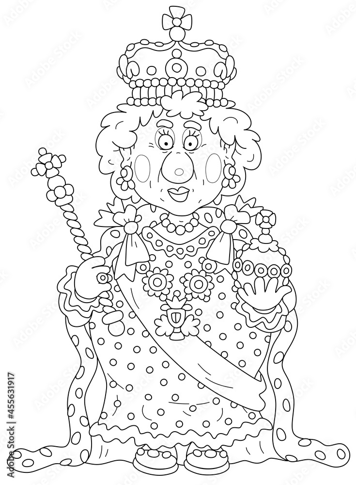 Queen in solemn royal dress with symbols of royalty at an official