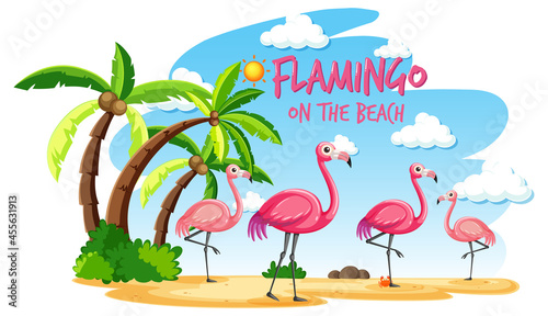 Flamingo on the beach banner with many kids at the beach