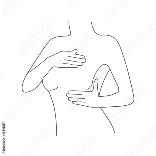 Line art woman self checking for Breast Cancer. Vector female outline silhouette examining breast on white background.