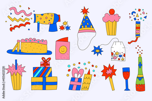 set collection of items for the holiday - cake, hat, fireworks, cards, gifts, confetti.Birthday party and christmas party stickers.Doodle childish vibrant style.Elements for social media stories