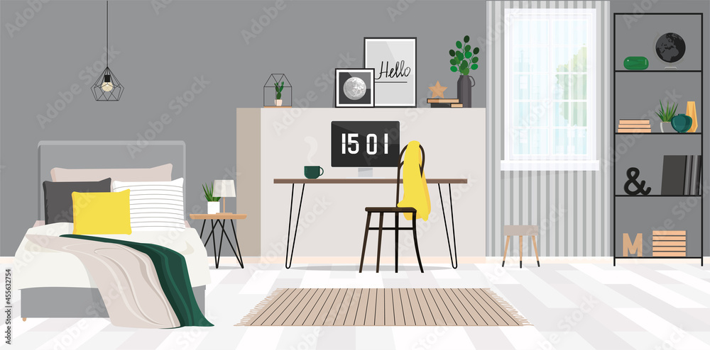 Interior of a teenager's room in gray tones with a workplace. Interior of a teenager's room in gray tones with a workplace.