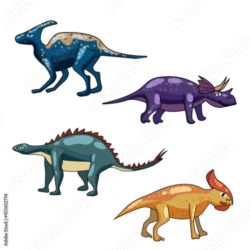 Set funny prehistoric dinosaurus Triceratops, Brontosaurus. Collection ancient wild monsters reptiles cartoon style. Vector isolated