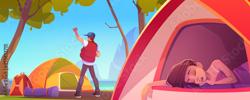 Summer camp on lake shore with woman sleep in tent and man wake up. Vector cartoon illustration of landscape with trees, green grass, river and campsite with bonfire and resting people at morning