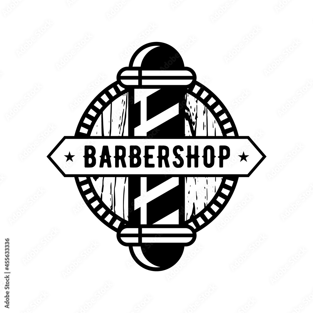 Retro barbershop logo with pole. Vintage lettering barber shop emblem. Gentleman haircut and shaves salon. Simple minimalist black and white circular template. Vector illustration, flat, clip art. 