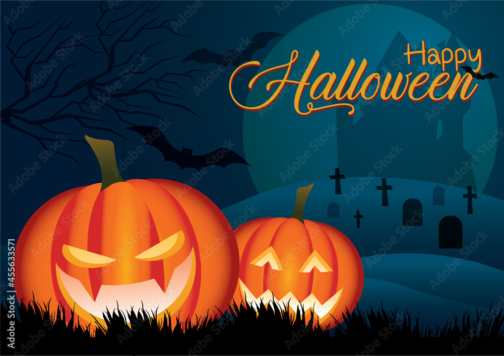 Halloween pumpkins and dark castle on blue Moon background