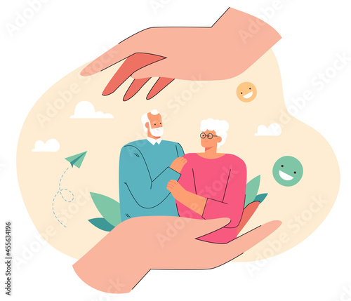 Elderly man and woman in caring hands. Flat vector illustration. Tiny happy couple of senior people surrounded by support, family help. Medical care, reconciliation, wellness concept for banner design