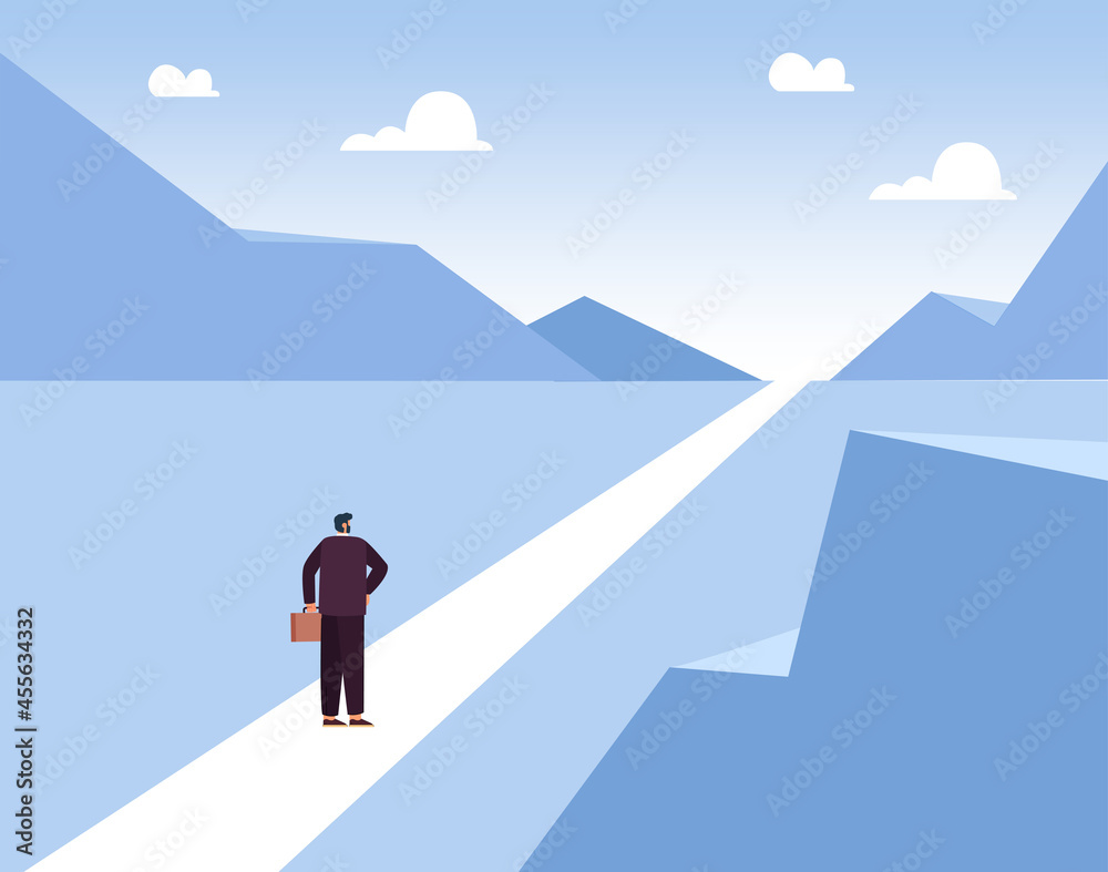 Obraz premium Flat vector illustration of businessman walking forward towards goal. Man standing in long way of opportunities and future career. Hope, job, motivation, future, business concept for banner design