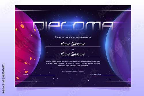 Diploma with planets in space, astronomy science educational certificate with solar system or alien galaxy objects. Graduation or award frame for students with cosmic world, Cartoon vector template