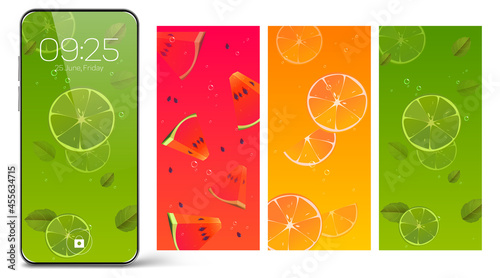 Screensaver wallpapers for smartphone with abstract backgrounds with fruits. Vector illustration of mobile phone and set of cartoon themes with watermelon, orange and lime slices