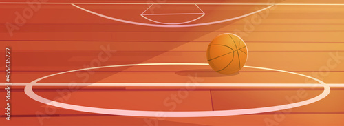 Basketball ball lying on wooden school gymnasium floor with white markup. Court interior, sports arena or hall for team games, indoor stadium illuminated with sunlight, cartoon vector illustration