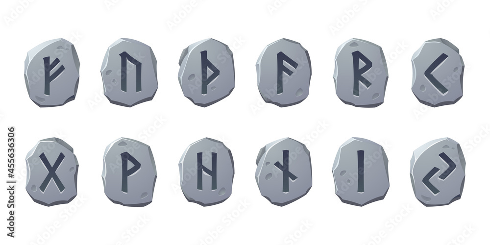 Nordic runes, game ancient alphabet, viking futark celtic symbols engraved on stone pieces. Esoteric scandinavian occult signs, ui design elements, isolated cartoon vector illustration, icons set Nordic runes, game ancient alphabet, viking futark celtic symbols engraved on stone pieces. Esoteric scandinavian occult signs, ui design elements, isolated cartoon vector illustration, icons set