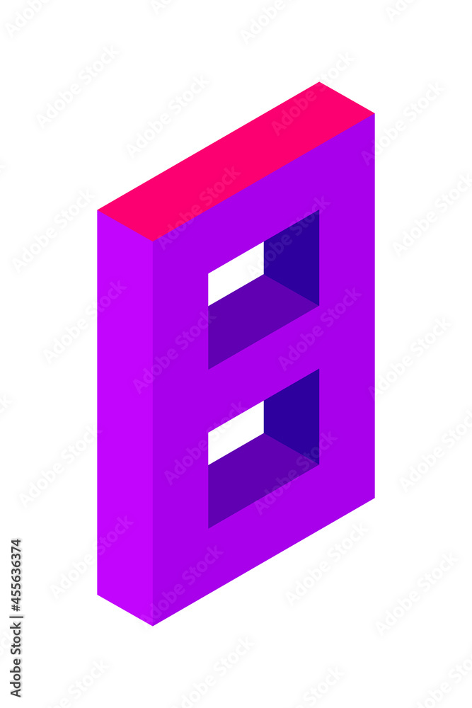 Purple number 8 in isometric style. Isolated on white background. Learning numbers, serial number, price, place. Purple number 8 in isometric style. Isolated on white background. Learning numbers, serial number, price, place.