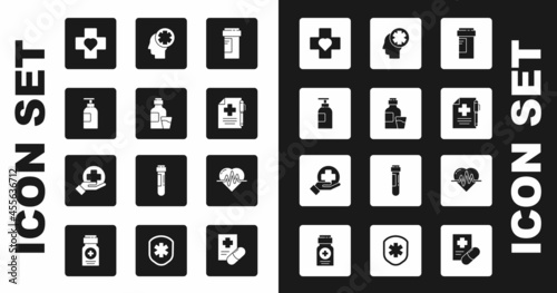 Set Medicine bottle, Bottle of medicine syrup, Hand sanitizer, Heart with cross, Medical prescription pen, Male head hospital, rate and Cross medical icon. Vector