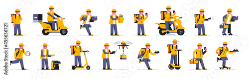 Collection of couriers of online home delivery service in different poses. Delivery of groceries, food and parcels. Bag, backpack, box, food, moto, bike, scooter, skateboard. Vector illustration.