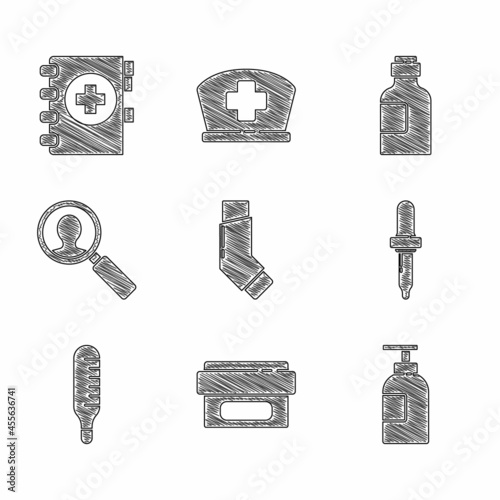 Set Inhaler, Ointment cream tube medicine, Hand sanitizer bottle, Pipette, Medical thermometer, analysis, Bottle of syrup and clipboard icon. Vector
