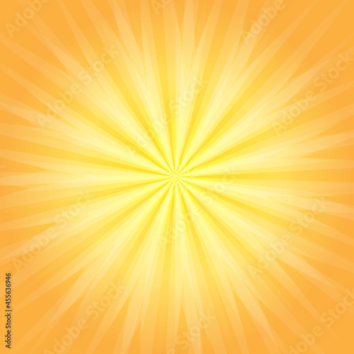 Sunny sunshine yellow background with white sunlight. Bang sunrise banner. Bright radiance solar rays from the center. Summer warm design. Jpeg illustration