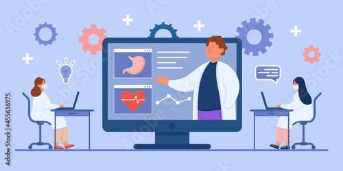 Female doctors or students watching medical webinar in class. Women learning about medicine from professional on online training platform flat vector illustration. Online education, healthcare concept