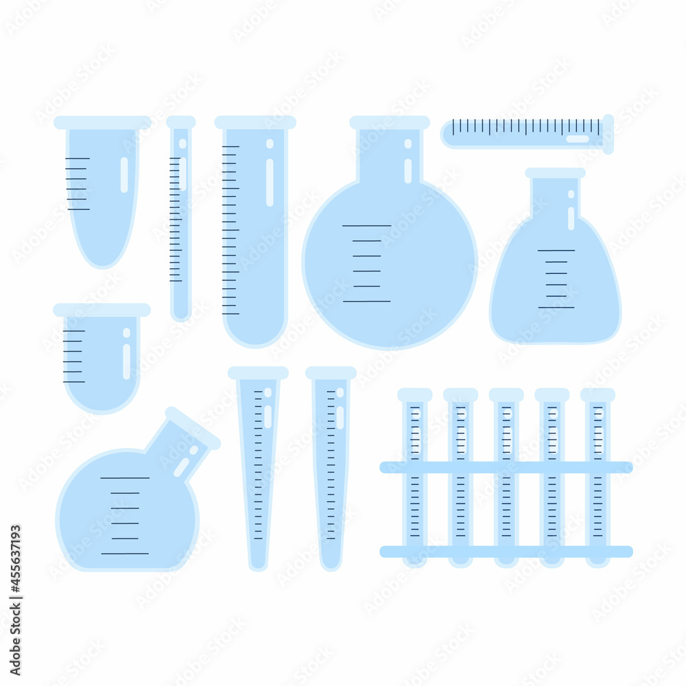 A set of empty and clean medical test tubes and flasks for chemical experiments with dimensional divisions in a flat style. Vector illustration isolated on a white background A set of empty and clean medical test tubes and flasks for chemical experiments with dimensional divisions in a flat style. Vector illustration isolated on a white background