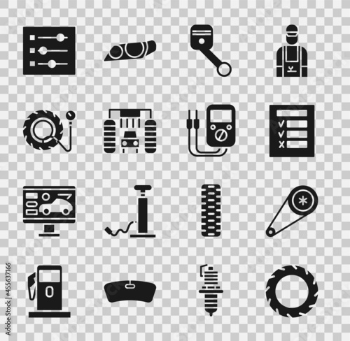Set Car tire wheel, Timing belt kit, inspection, Engine piston, wash, Tire pressure gauge, settings and Multimeter icon. Vector