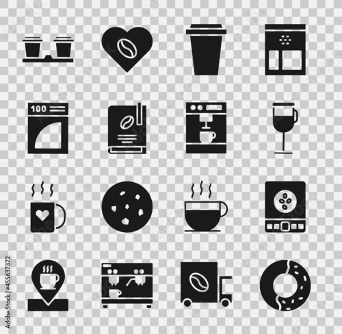 Set Donut with sweet glaze, Electronic coffee scales, Irish, Coffee cup to go, book, paper filter, and machine icon. Vector