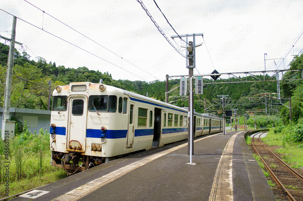 山間の小さな駅に停車する普通列車