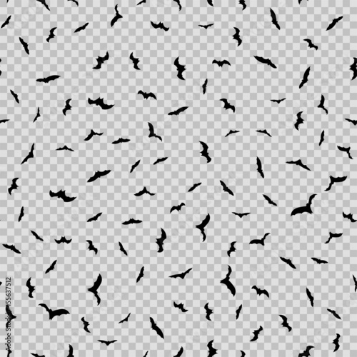 Seamless pattern with flying bats on transparent background. Vector