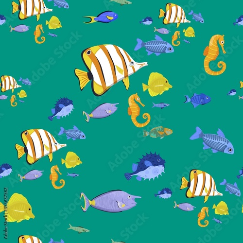 Marine life seamless pattern. Vector repeating colorful texture