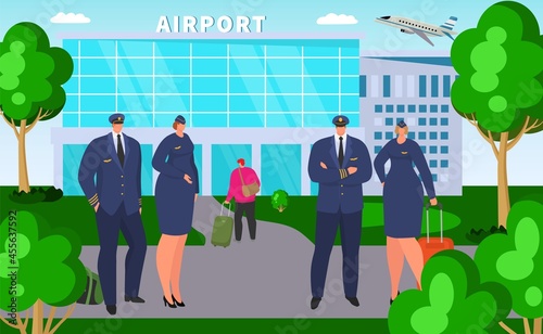 Pilot near airport, vector illustration, aviation team service, professional flat man woman character in uniform wait for airline flight.