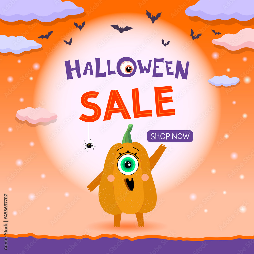 Fototapeta premium Halloween Sale banner with pumpkin character