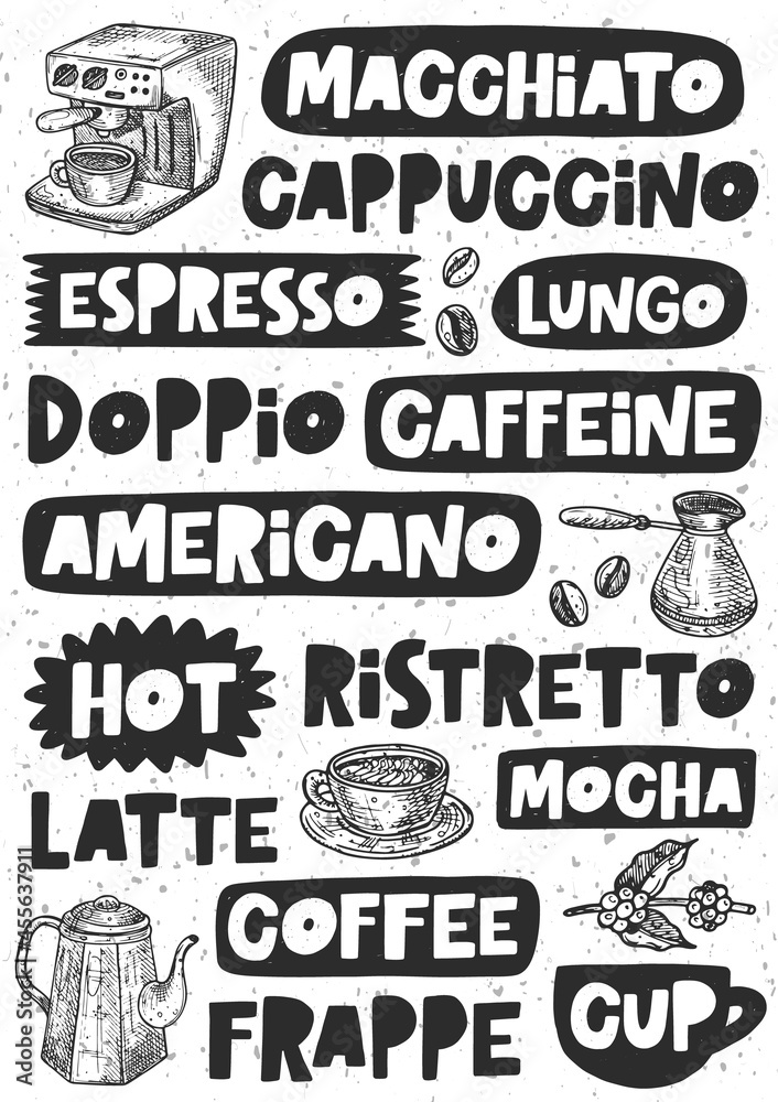 Coffee hand written black ink lettering poster. Grunge stylized typograthy with sketched grinder; cup; bean, plant, coffee machine. Restaurant coffee card, banner design element